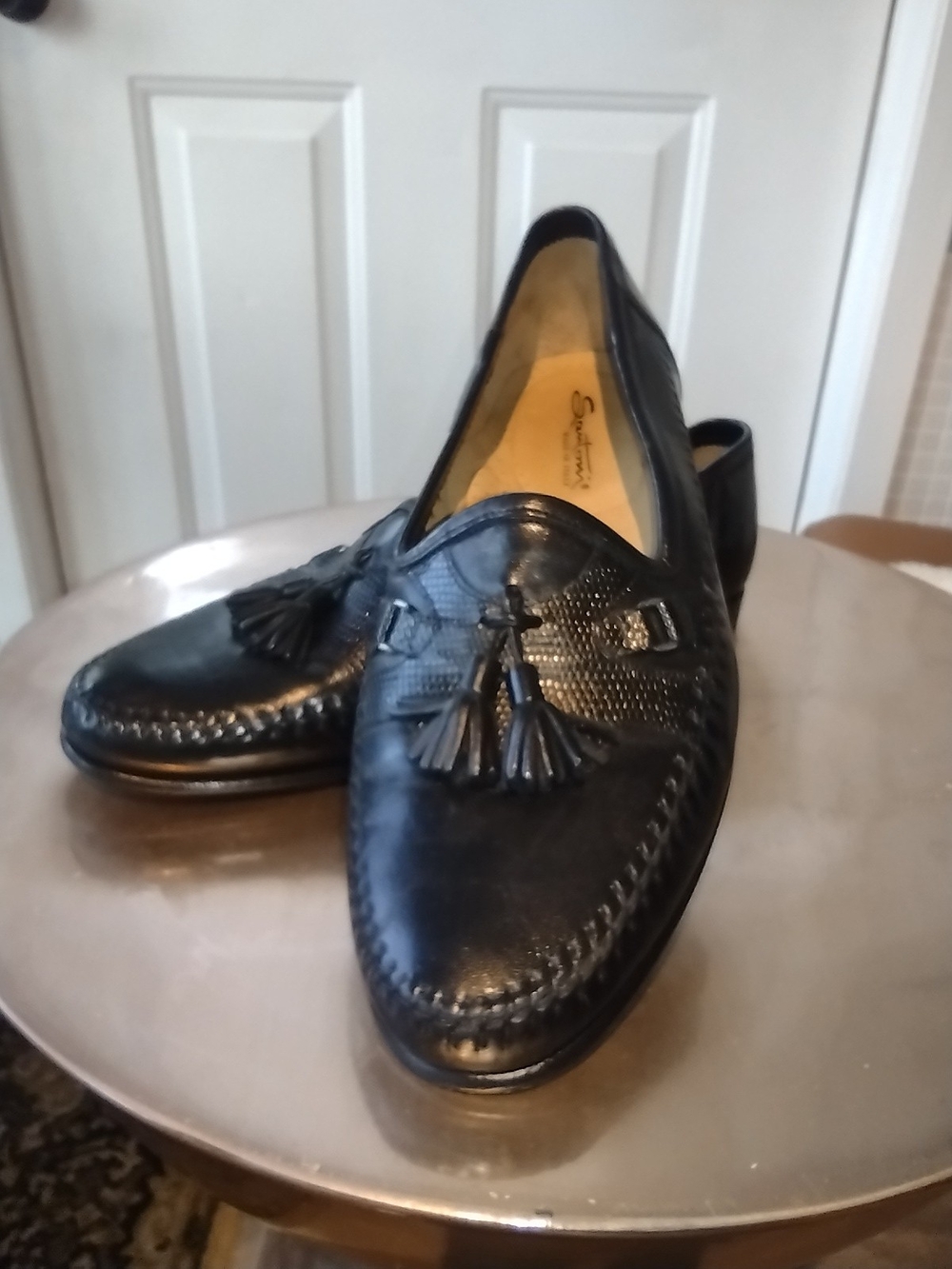 Santoni Black Leather Tassel Loafers with Woven Detail